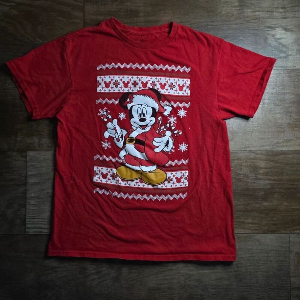 Disney Mickey Mouse Christmas Santa Ugly Sweater Style Graphic T-Shirt Size M